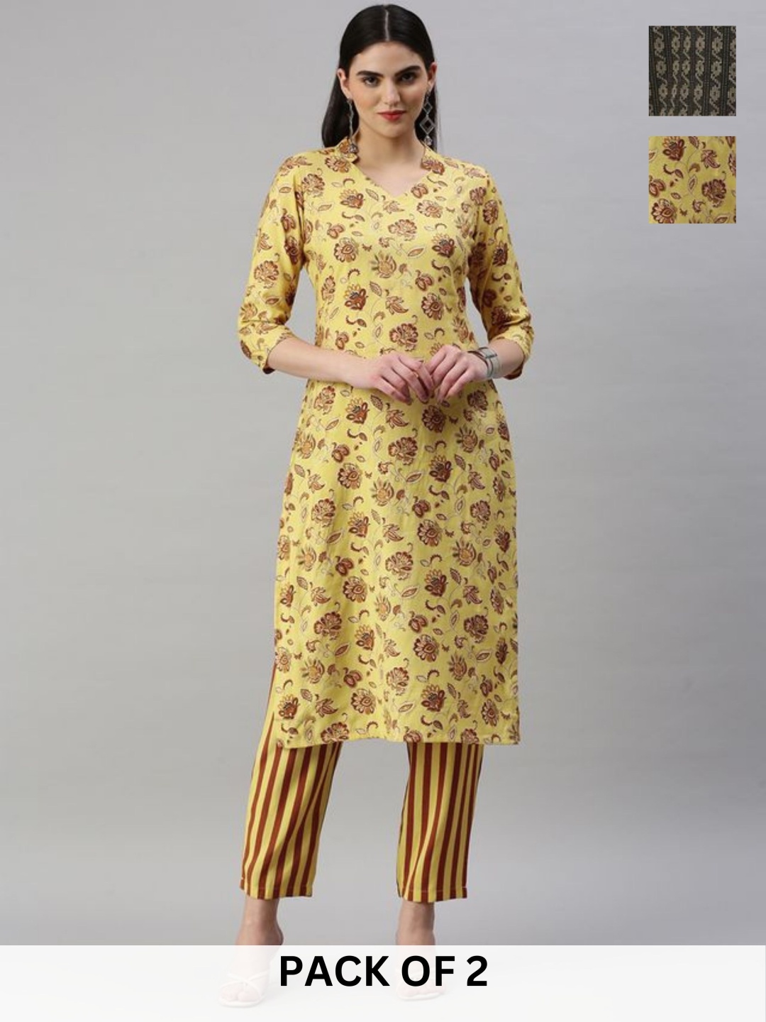 

KALINI Selection Of 2 Floral Printed Mandarin Collar Kurtas With Trousers, Yellow
