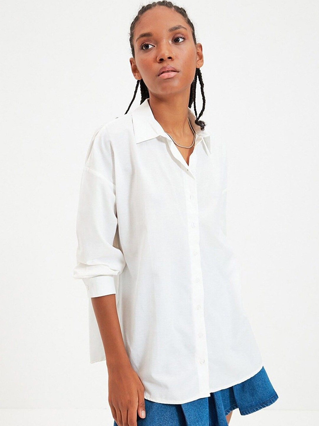 

WHY SO FAB Women Comfort Oversized Fit Spread Collar Solid Cotton Casual Shirt, White