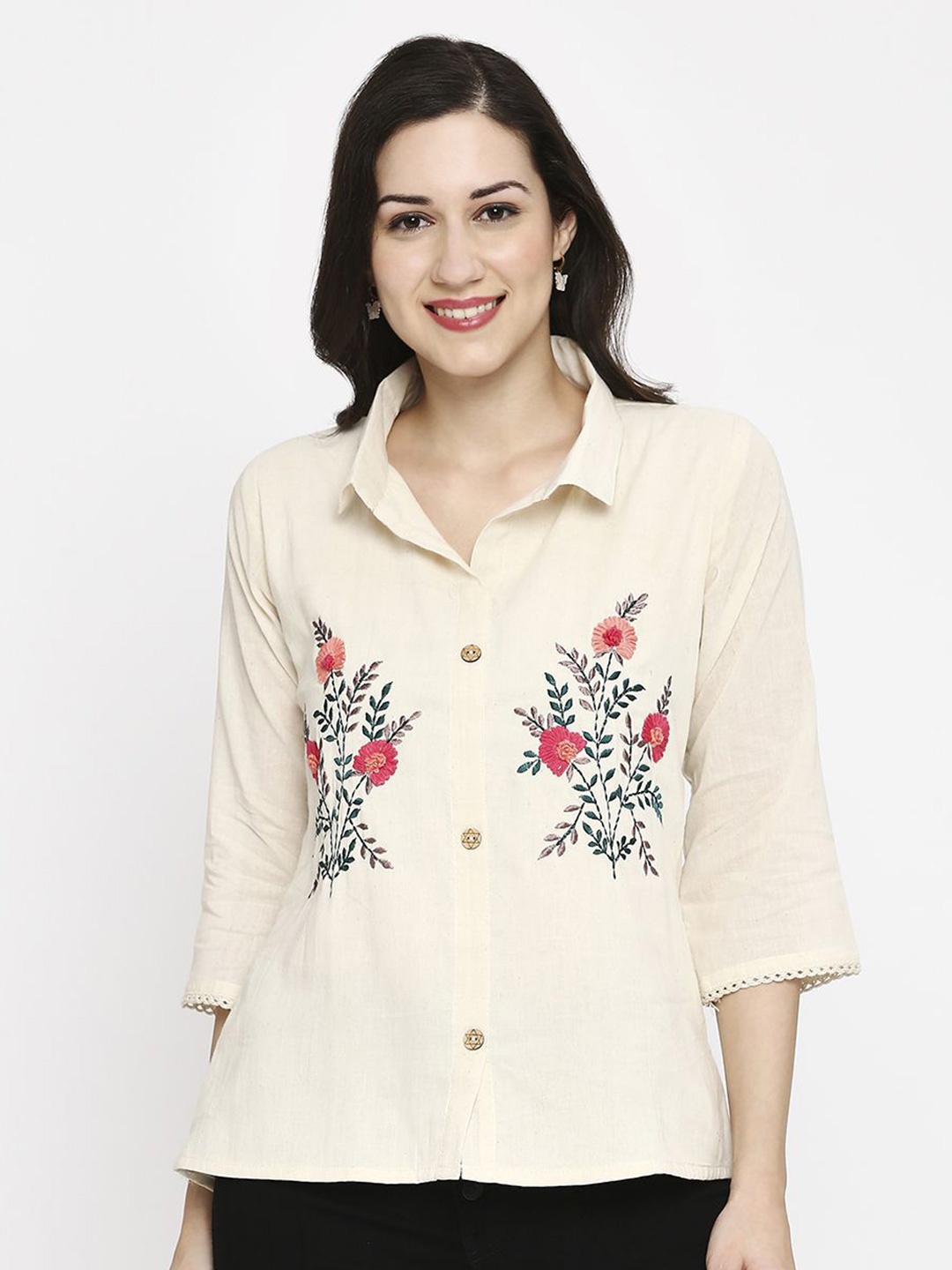 

Hitarth Fashion Women Floral Embroidered Lace Casual Khadi Shirt, Off white