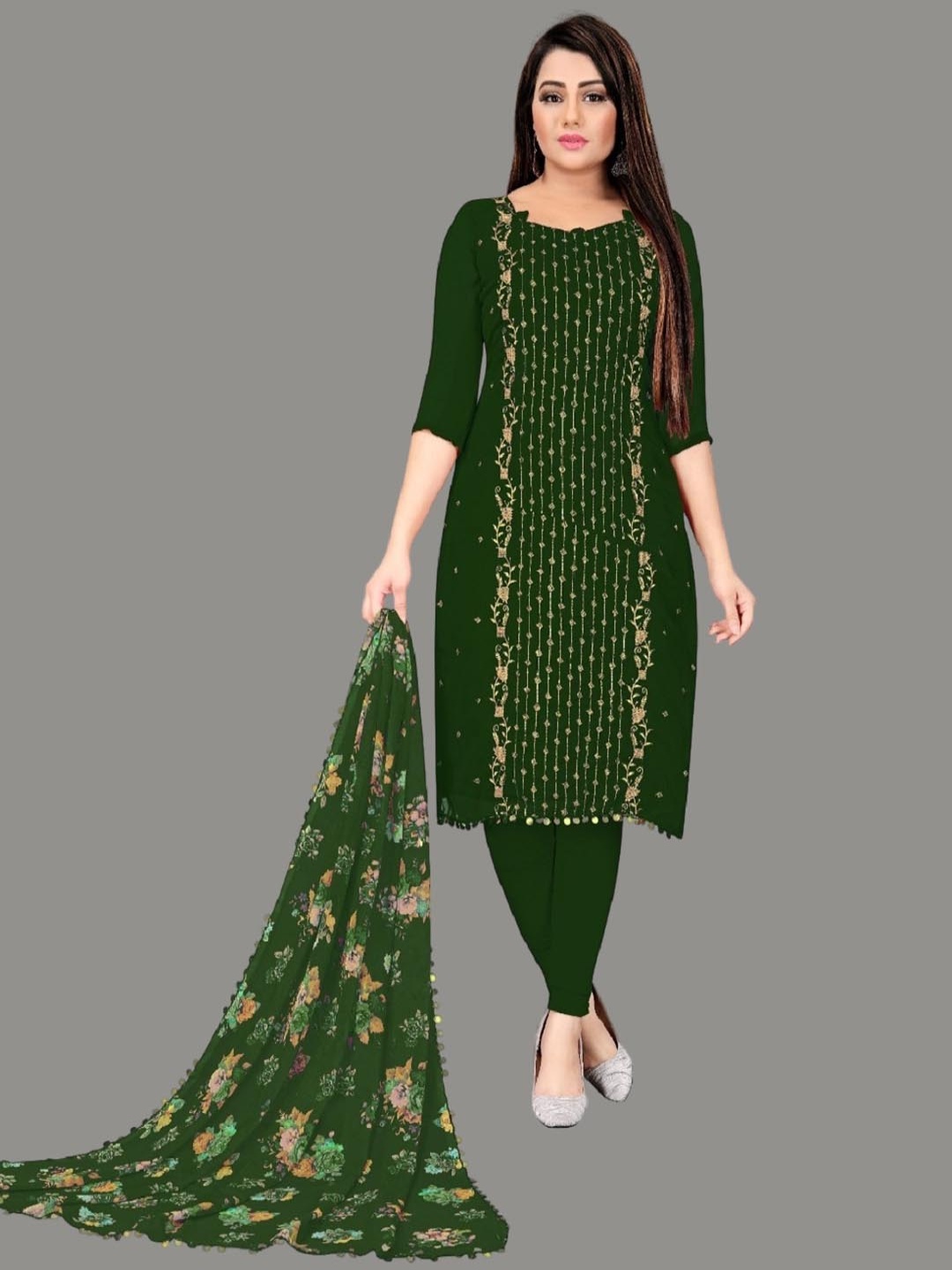

Aika Floral Embellished Sequinned Silk Georgette Unstitched Dress Material, Green