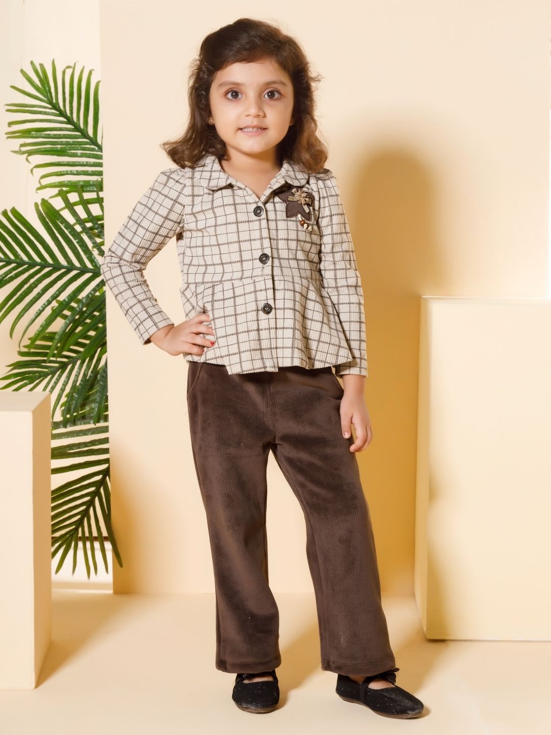 

Peppermint Checks Closet Girls Checked Long Sleeves Shirt With Trousers, Brown