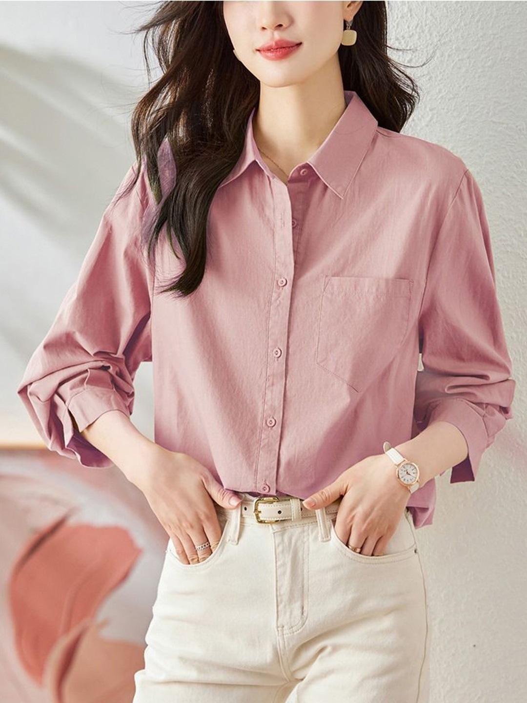 

StyleCast Women Relaxed Fit Spread Collar Solid Cotton Casual Shirt, Peach