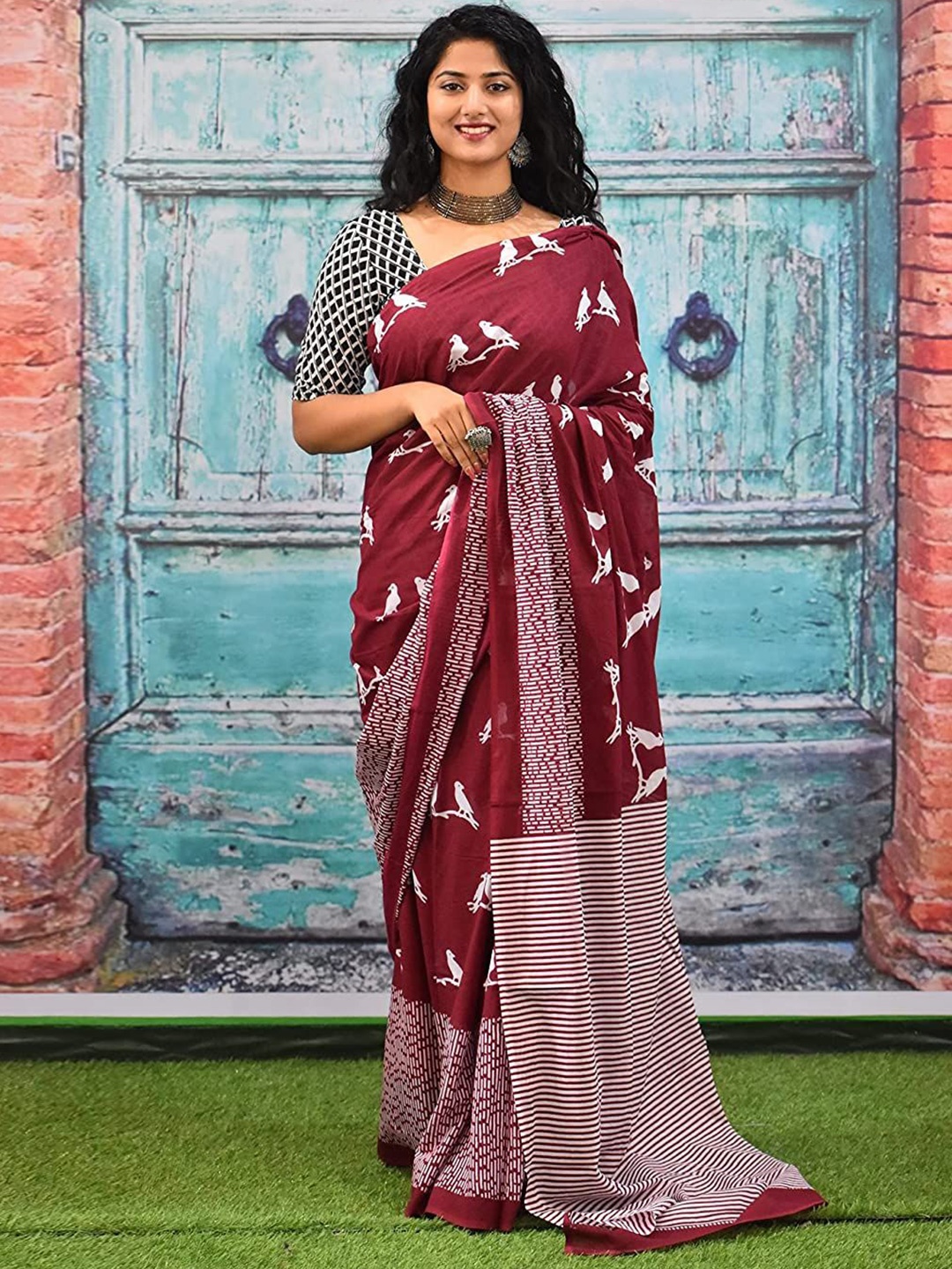 

Craft Musium Floral Pure Cotton Bagru Saree, Maroon