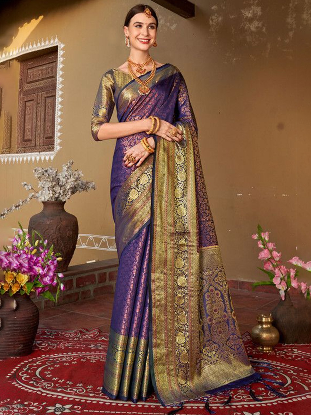 

sagarika Ethnic Motifs Zari Dharmavaram Saree, Violet