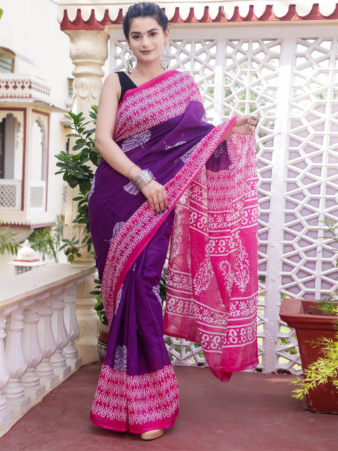 

Craft Musium Ethnic Motifs Pure Cotton Bagru Saree, Purple