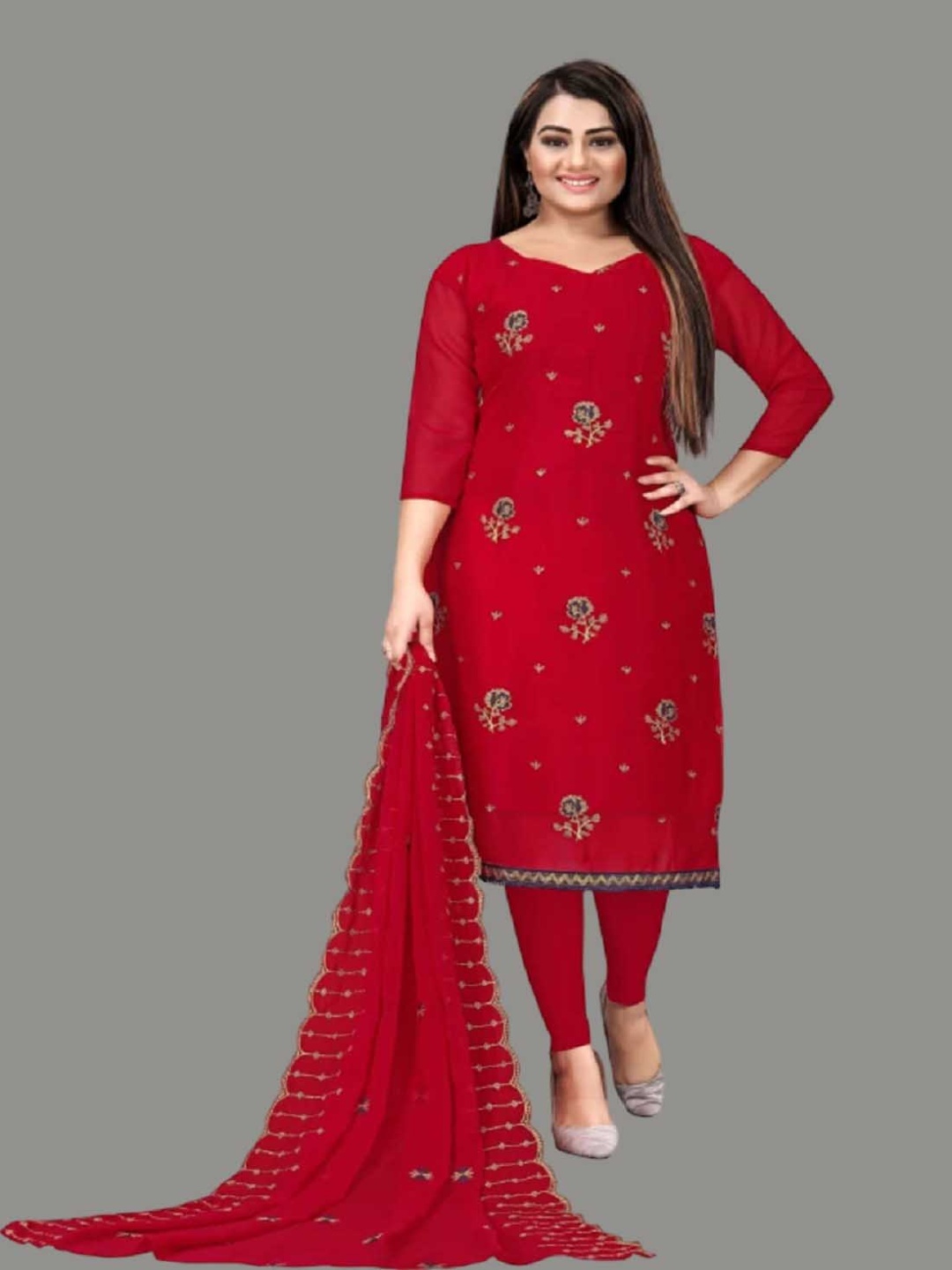 

Aika Floral Printed Unstitched Dress Material, Red