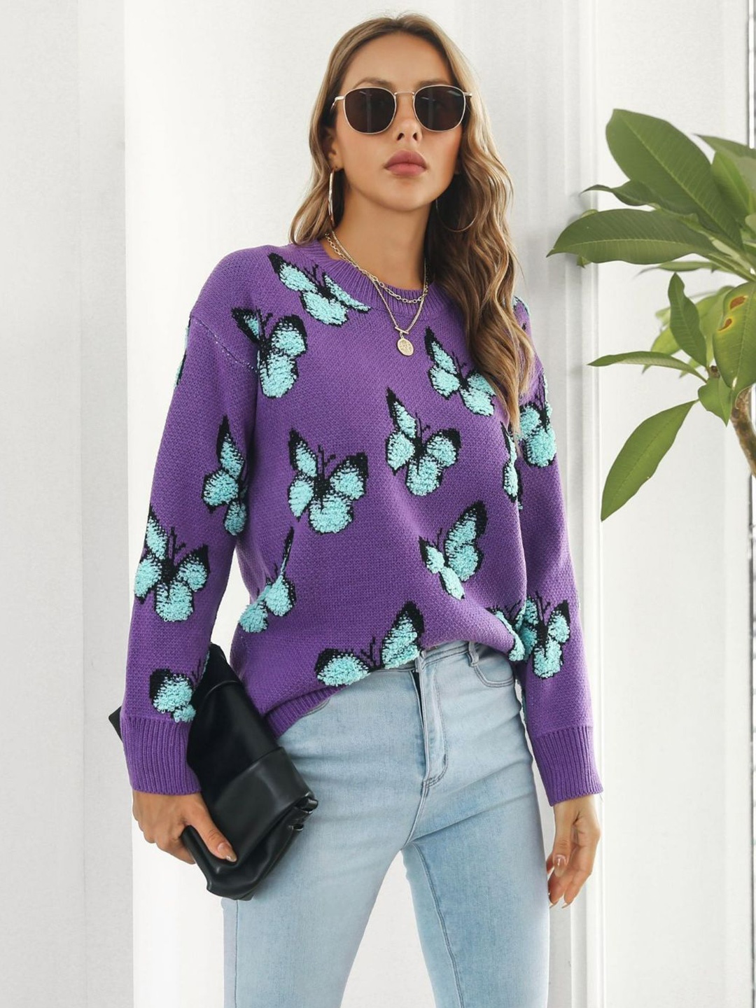 

Oh Rare Women Floral Printed Pullover Sweater, Purple