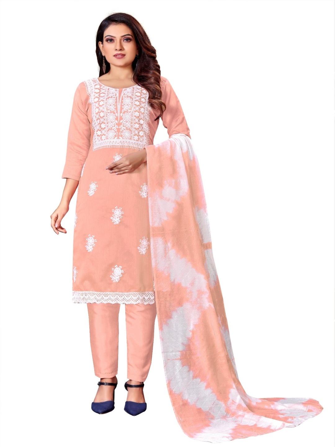 

Aika Floral Embroidered Pure Silk Unstitched Dress Material, Peach