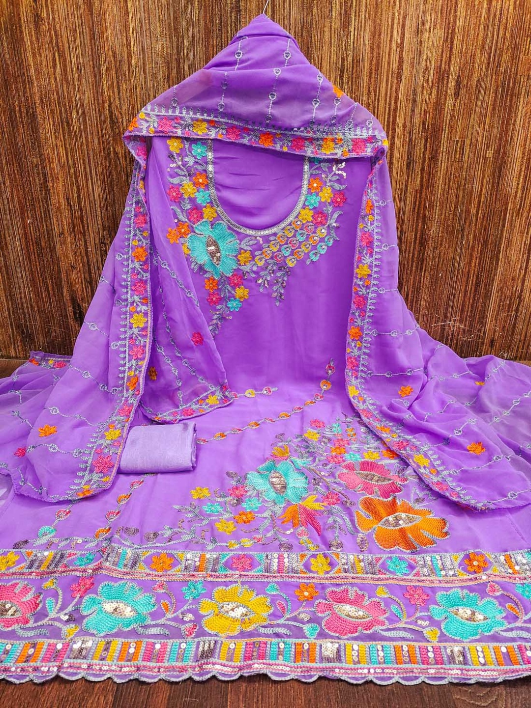 

Aika Floral Embroidered Silk Georgette Unstitched Dress Material, Purple