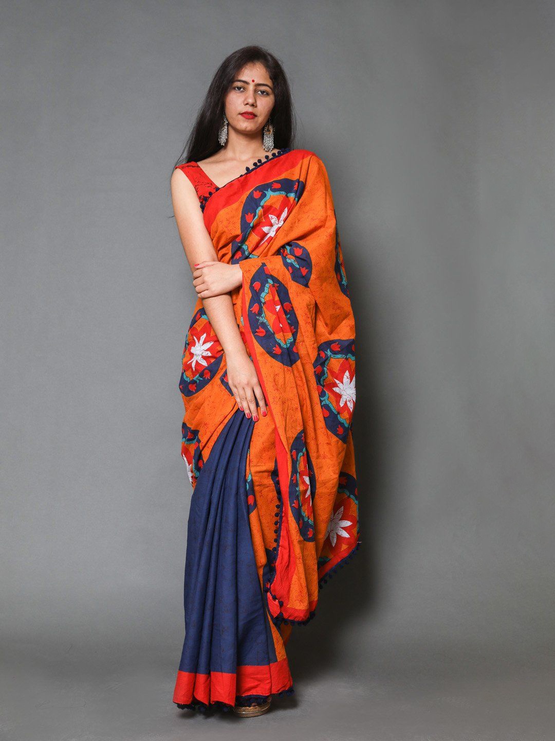 

Craft Musium Ethnic Motifs Pure Cotton Bagru Saree, Orange