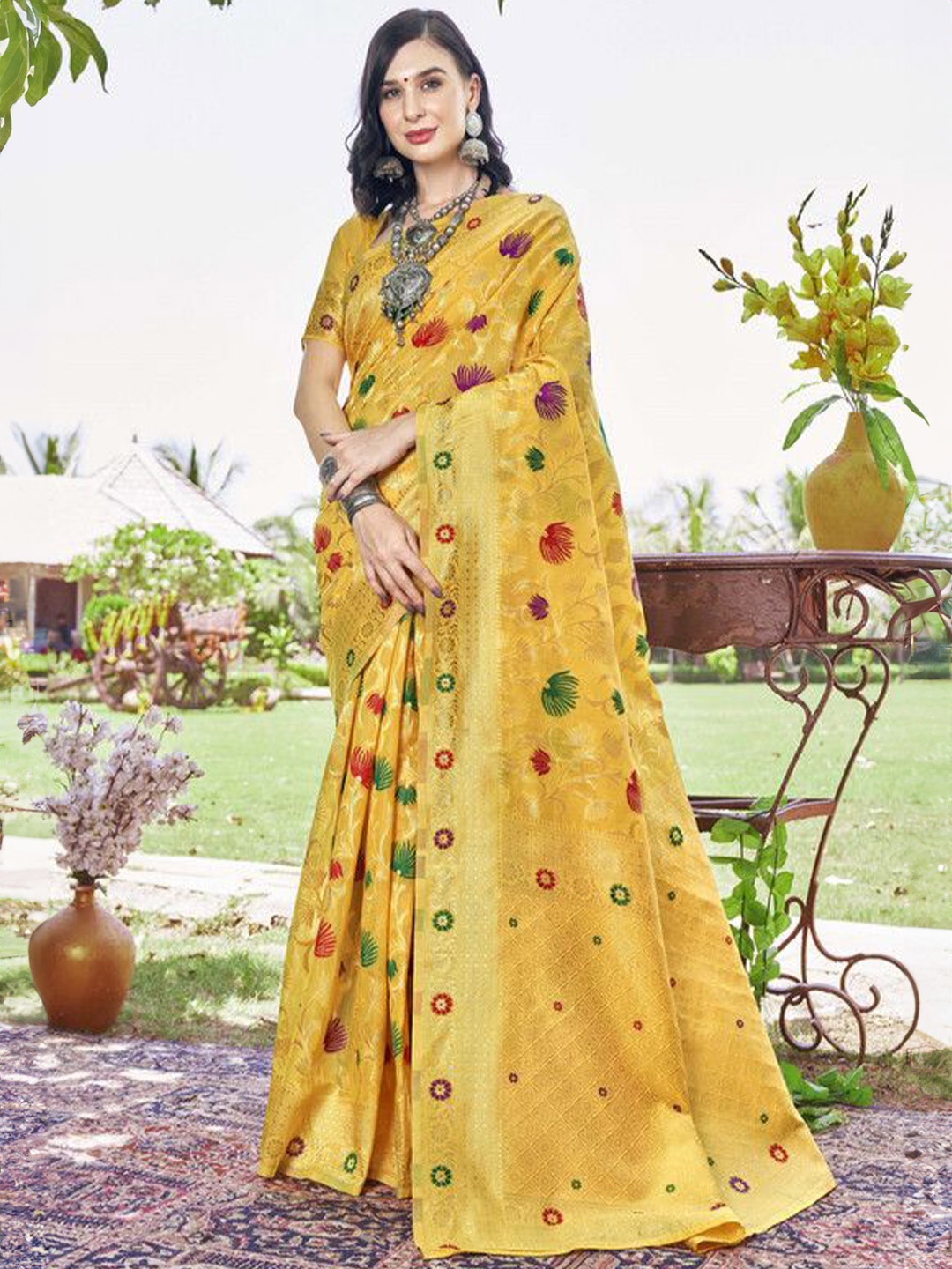 

sagarika Woven Design Zari Chanderi Saree, Yellow