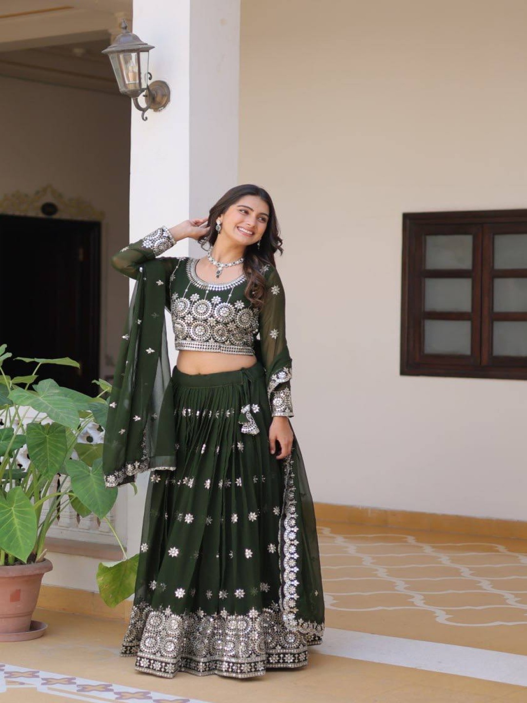 

Ethnic Yard Floral Embroidered Sequinned Ready to Wear Lehenga & Blouse With Dupatta, Green