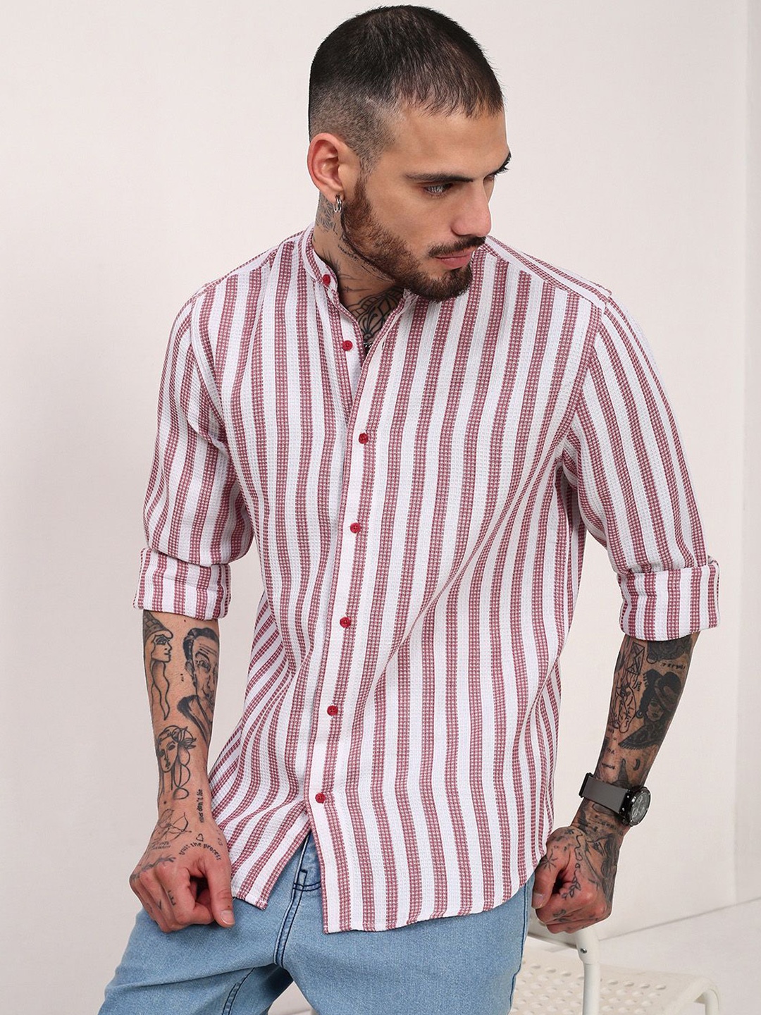 

SHOWOFF Men Comfort Slim Fit Band Collar Vertical Striped Cotton Casual Shirt, Pink