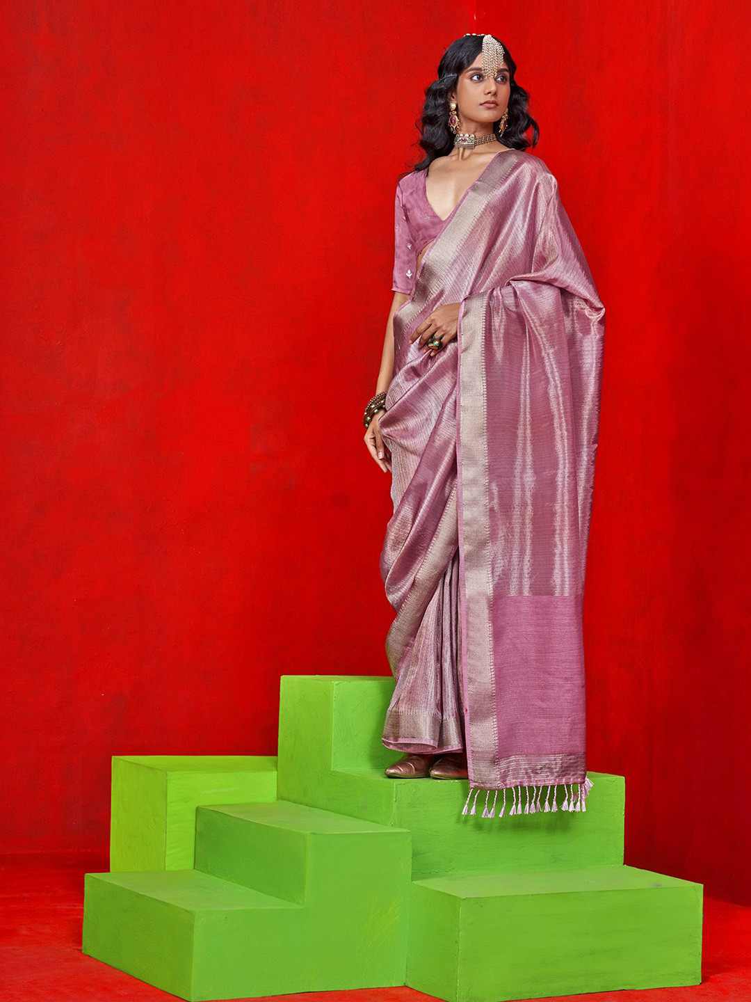 

elora Woven Design Tissue Saree, Pink