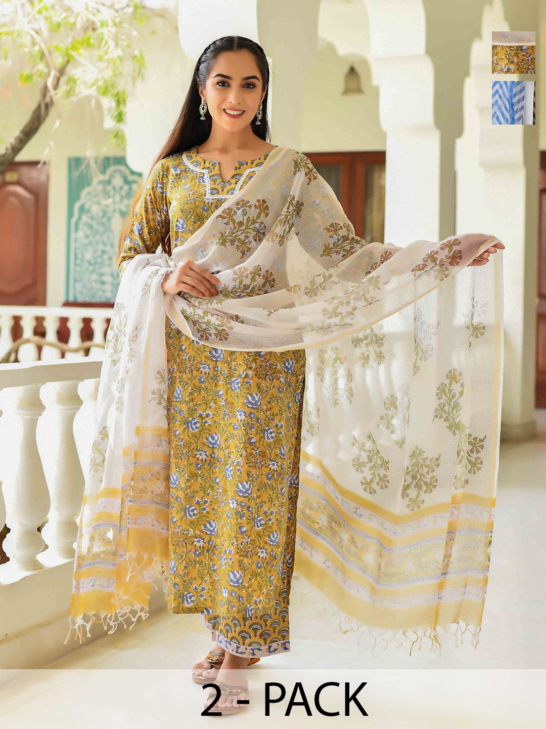 

KALINI Pack of 2 Floral Printed Notch Neck Anarkali Kurta With Trousers And Dupatta, Mustard