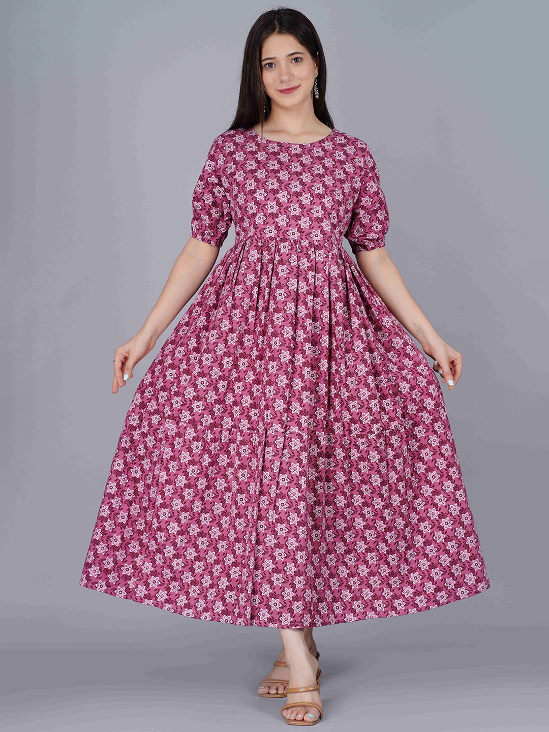 

Twirl Tales Floral Print Puff Sleeve A-Line Midi Dress, Magenta