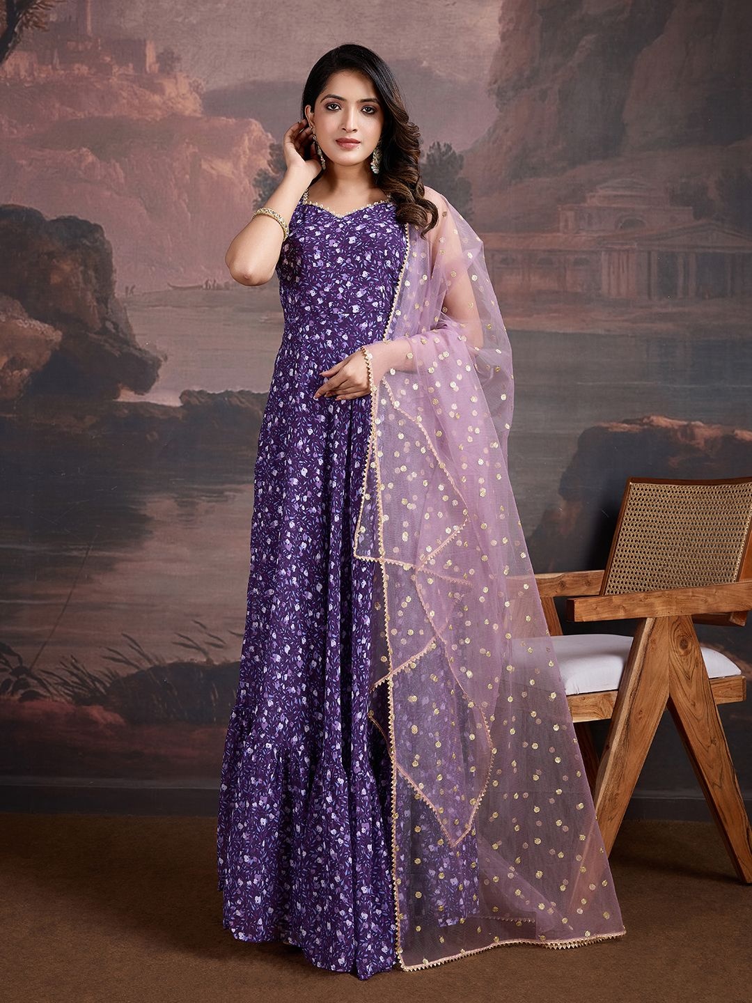 

House of Pataudi Floral Printed Georgette Sweetheart Neck Anarkali Kurta With Dupatta, Purple