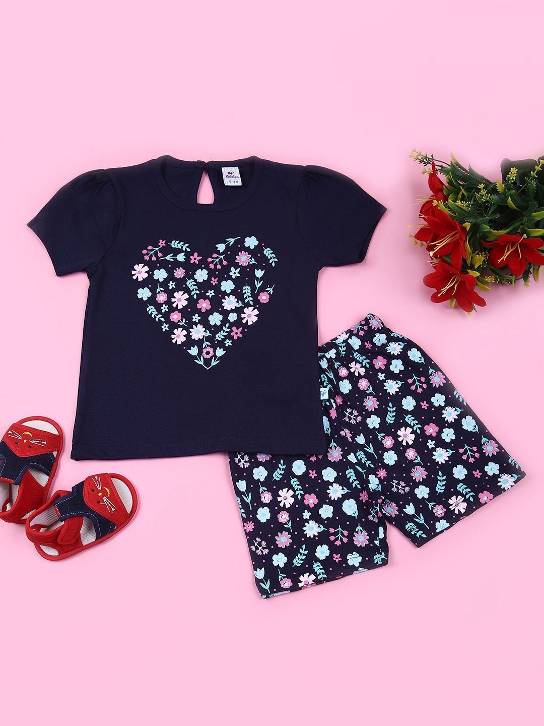

V-Mart Girls Printed Round Neck Pure Cotton Top With Shorts, Navy blue