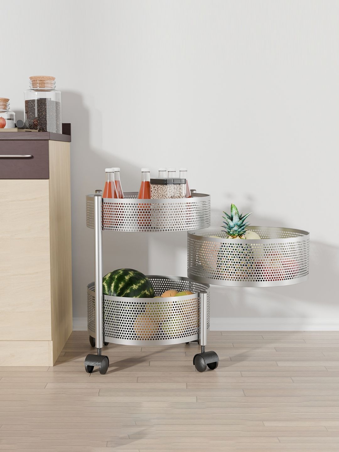 

Kuber Industries 2+1 Layer Kitchen Metal Storage Rack with Wheels, Silver
