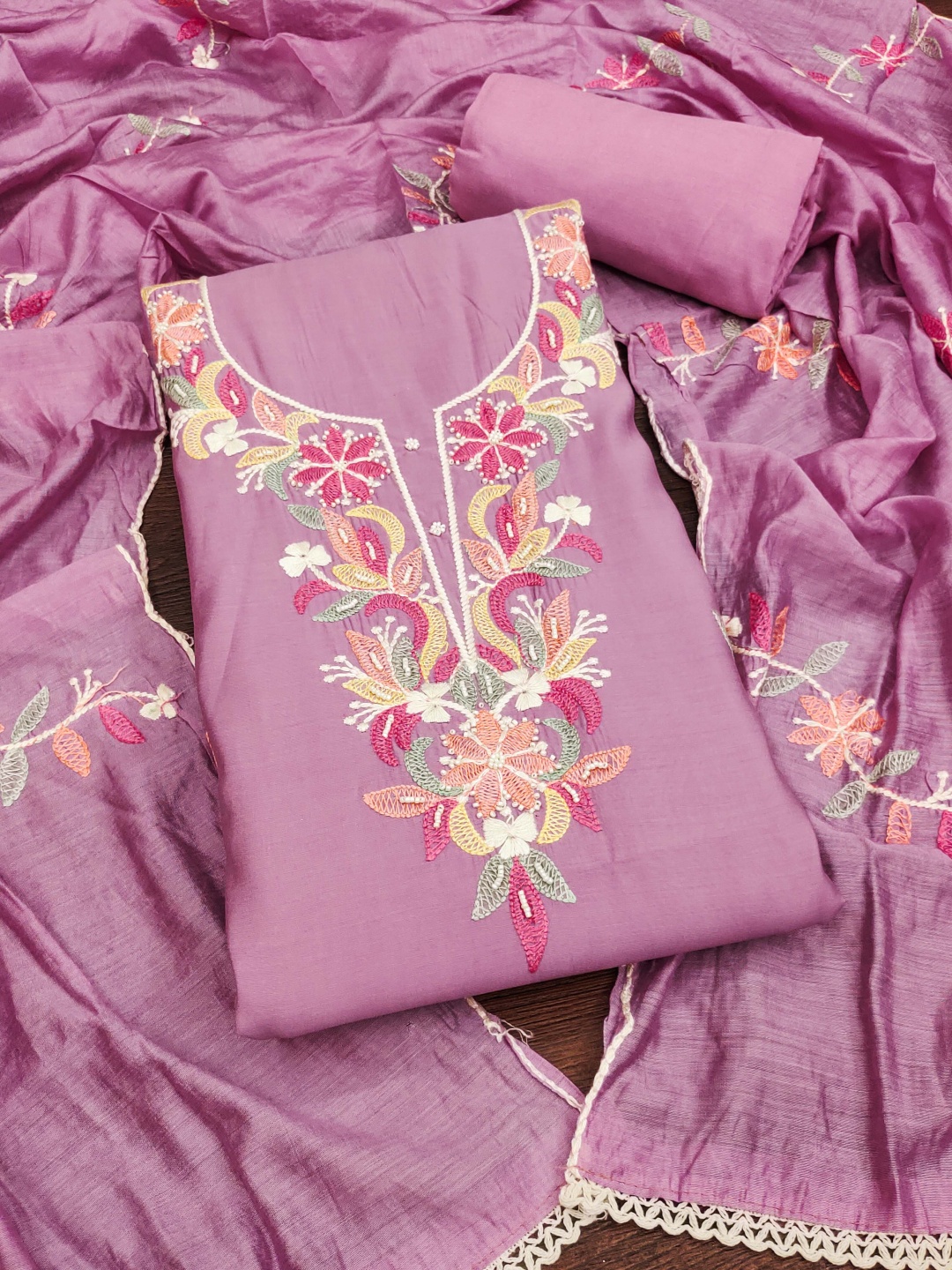 

HERE&NOW Floral Embroidered Unstitched Dress Material, Pink