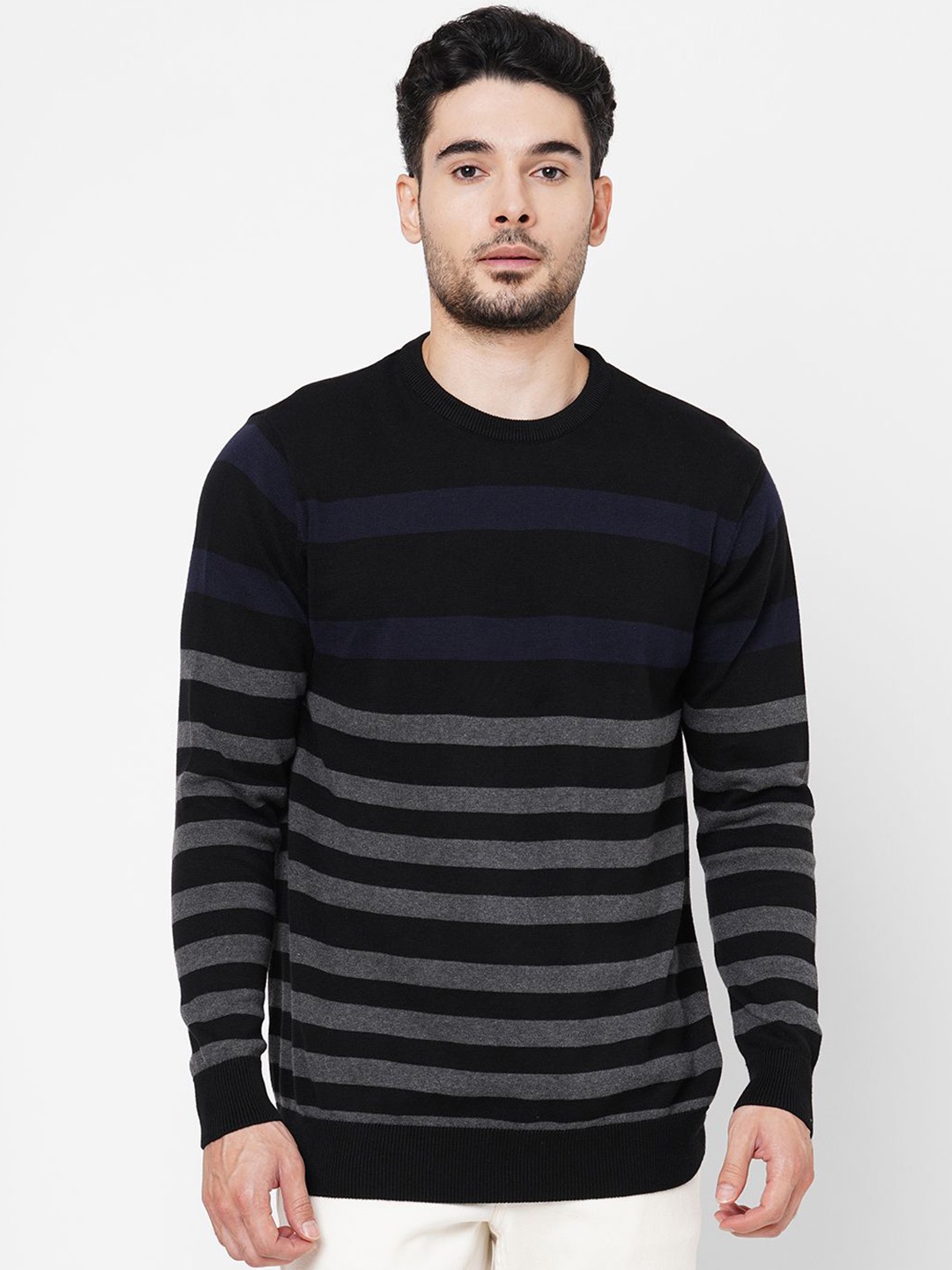 

Loopers Men Striped Cotton Sweatshirt, Black