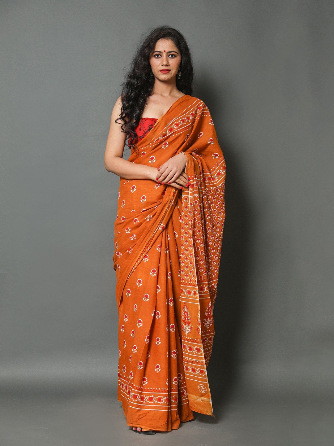 

Craft Musium Ethnic Motifs Pure Cotton Bagru Saree, Orange