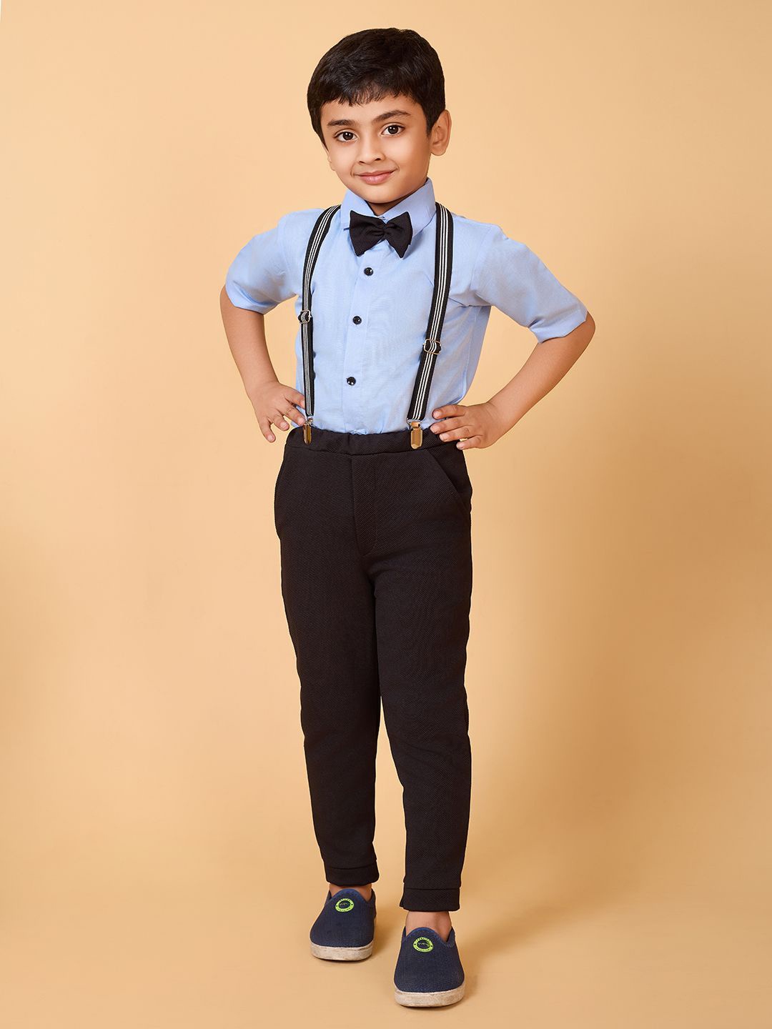 

BAESD Boys Short Sleeves Pure Cotton Shirt With Trouser & Suspenders, Blue