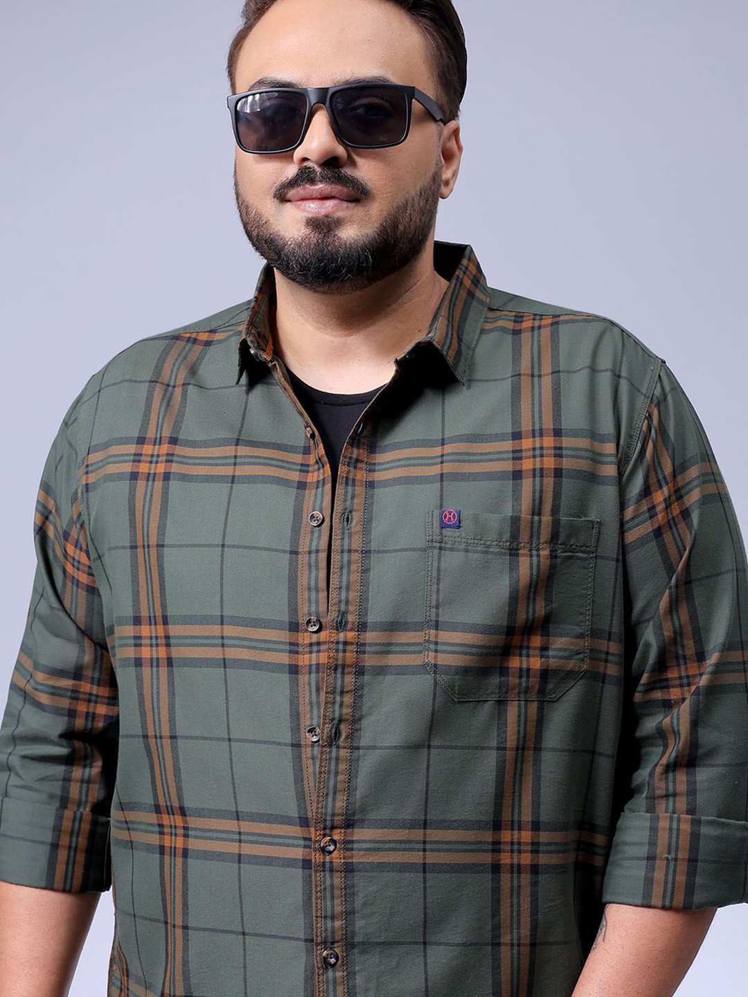 

HARDSODA Men Plus Size Spread Collar Tartan Checked Cotton Casual Shirt, Green