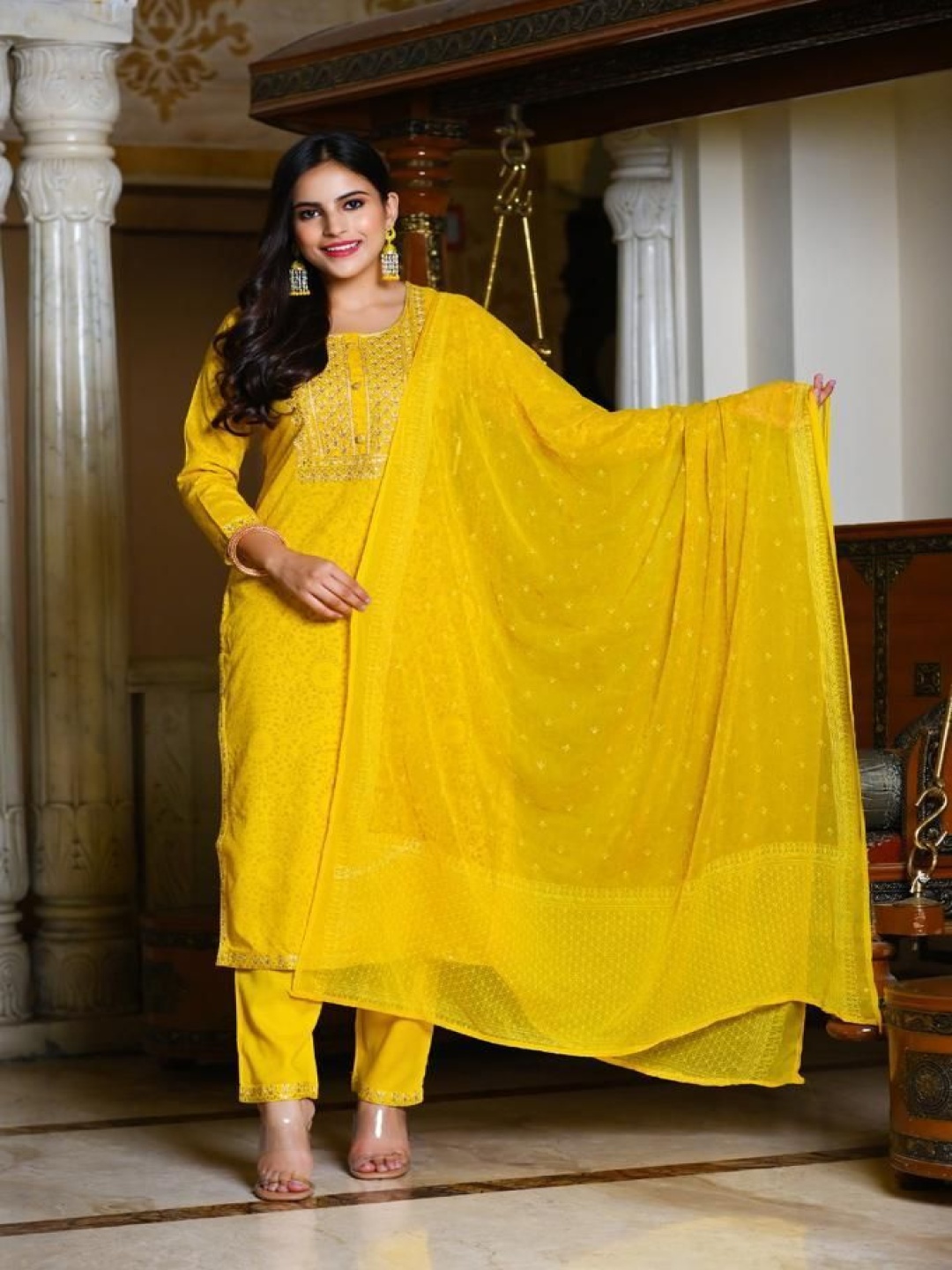 

Gauric creation Floral Printed Embroidered Sequinned Kurta With Trouser And Dupatta, Yellow