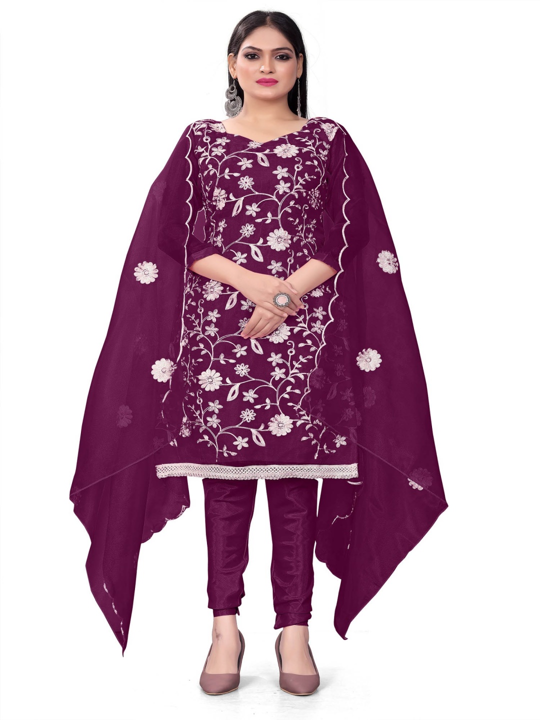

Aika Floral Embroidered Organza Unstitched Dress Material, Purple