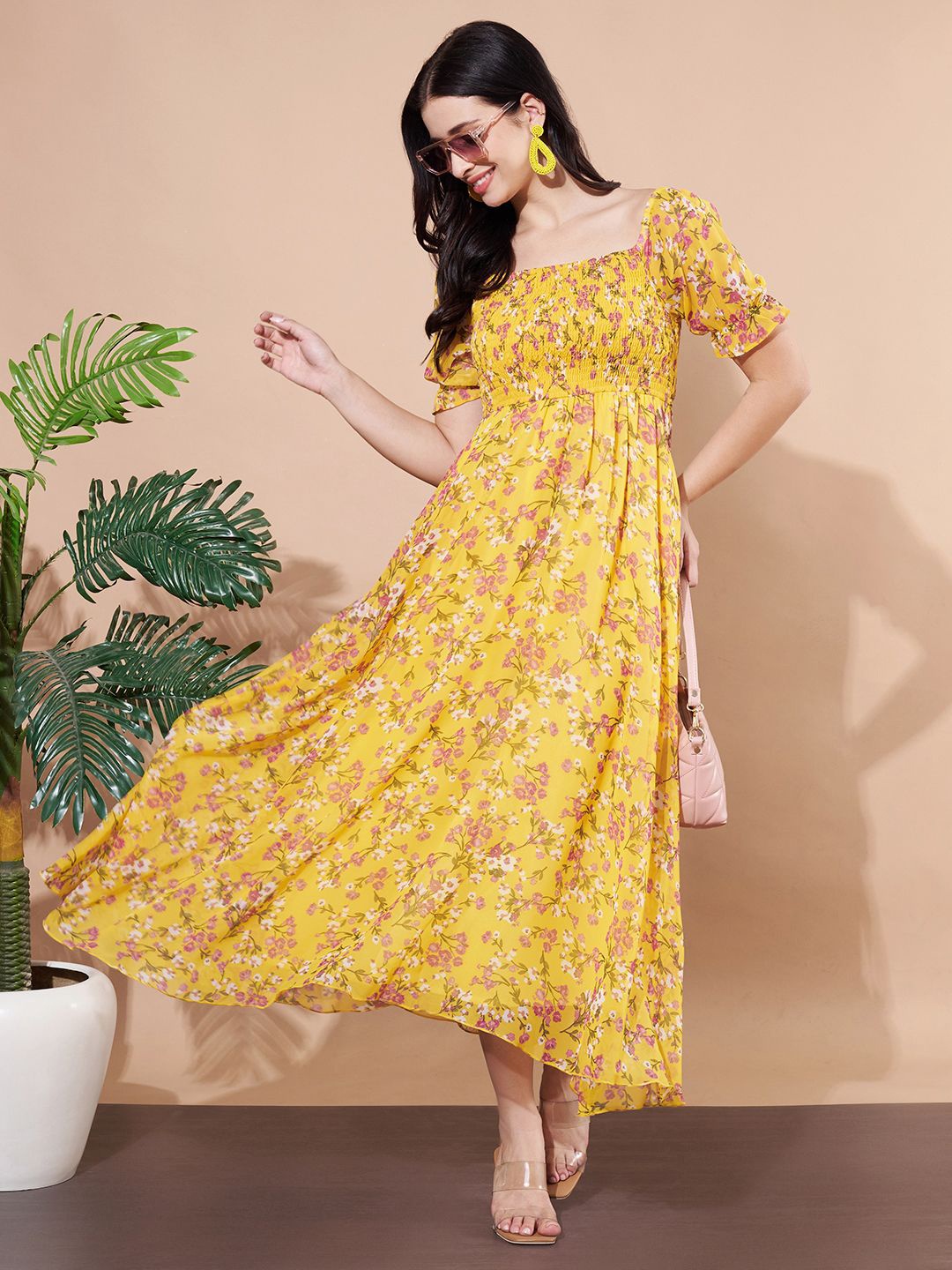 

ANVI Be Yourself Floral Printed Puff Sleeve Georgette Fit & Flare Midi Dress, Yellow
