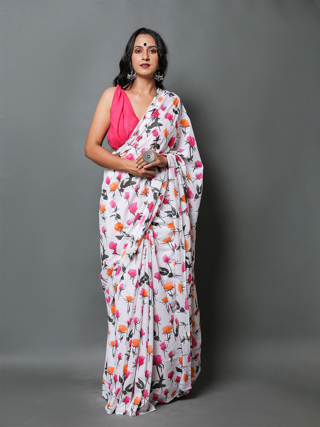 

Craft Musium Floral Pure Cotton Bagru Saree, Pink