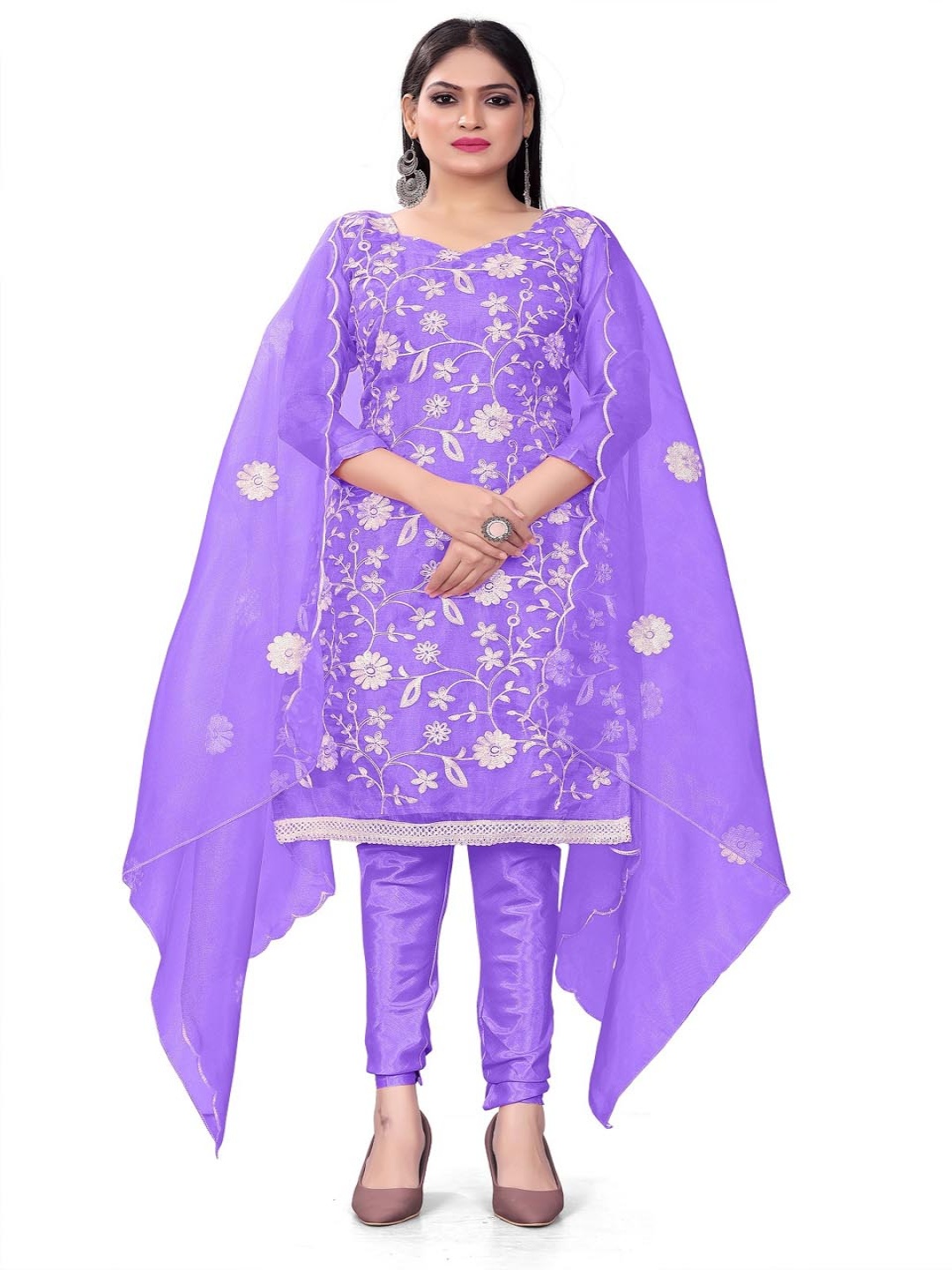 

Aika Floral Embroidered Organza Unstitched Dress Material, Purple