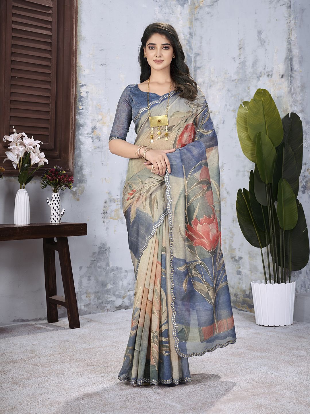 

all about you Floral Embroidered Organza Saree, Grey melange