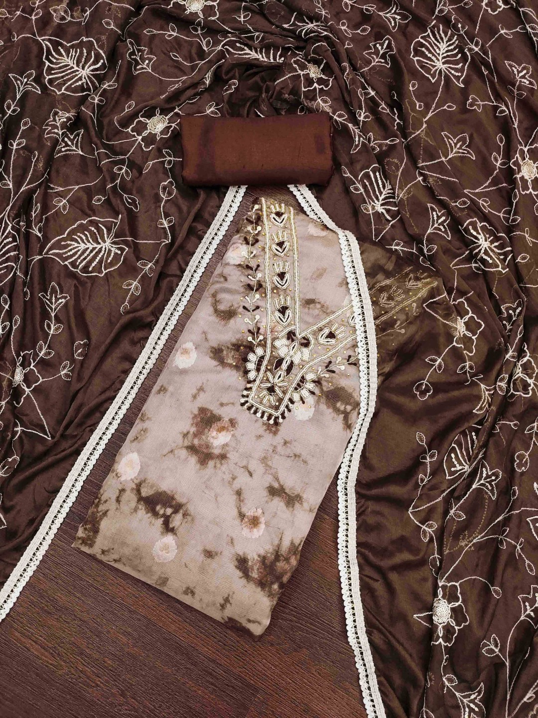 

KIMISHA Floral EmbellishedUnstitched Dress Material, Brown