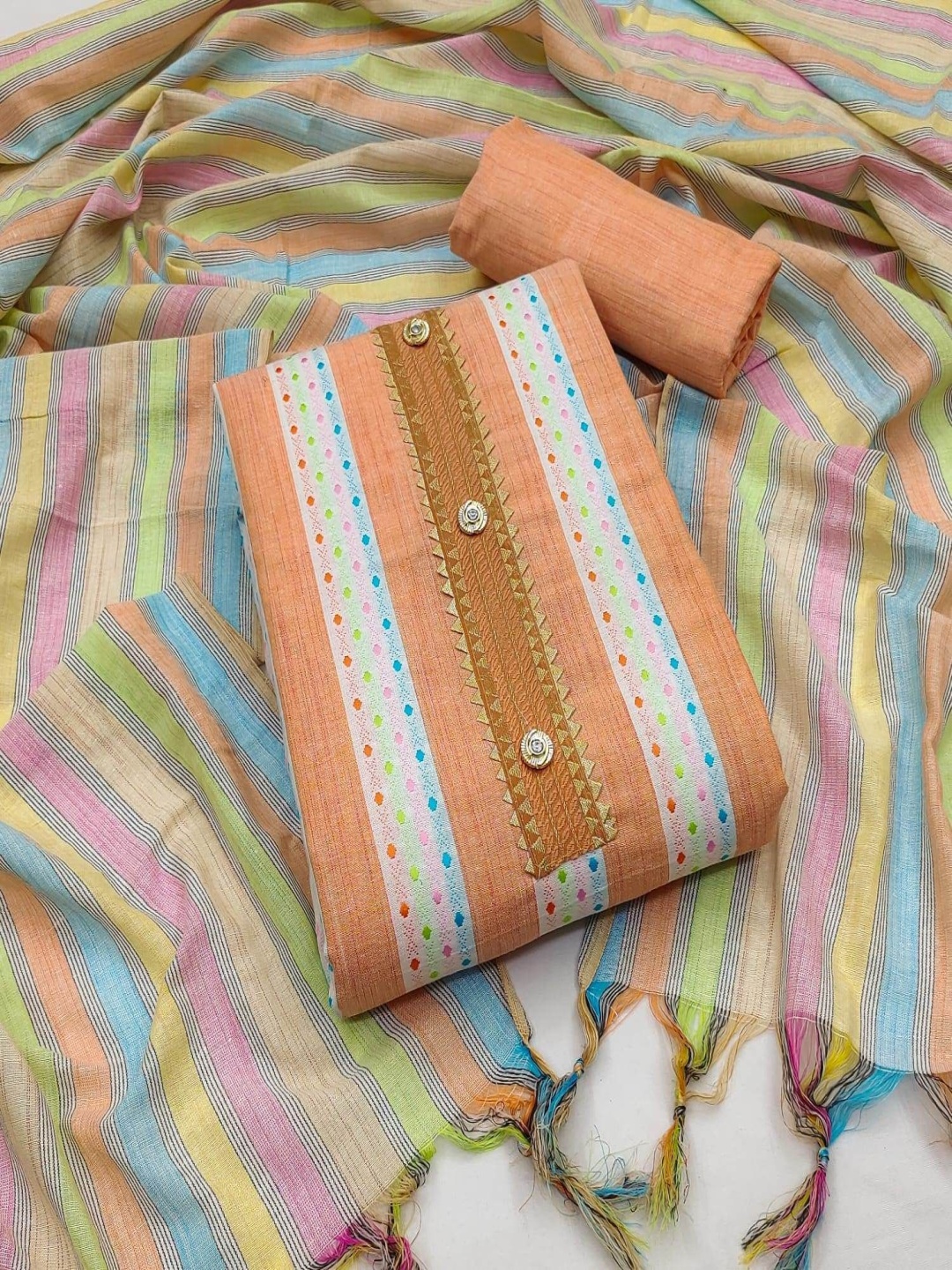 

Aika Striped Pure Cotton Unstitched Dress Material, Orange