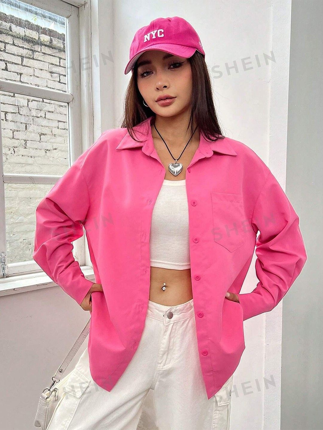 

WHY SO FAB Women Comfort Oversized Fit Spread Collar Solid Cotton Casual Shirt, Pink