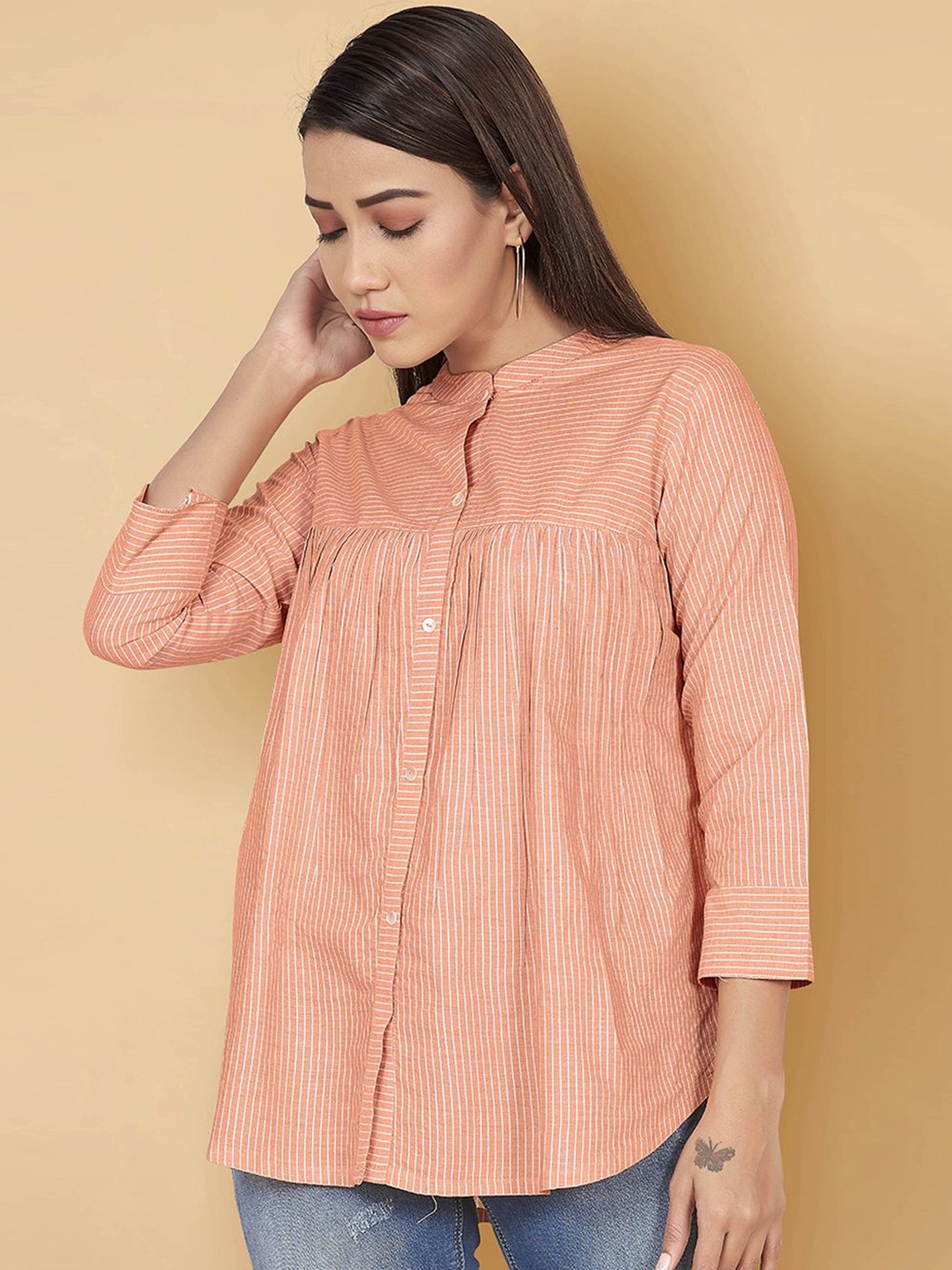 

BAESD Women Striped Mandarin Collar Cotton Shirt Style Top, Orange