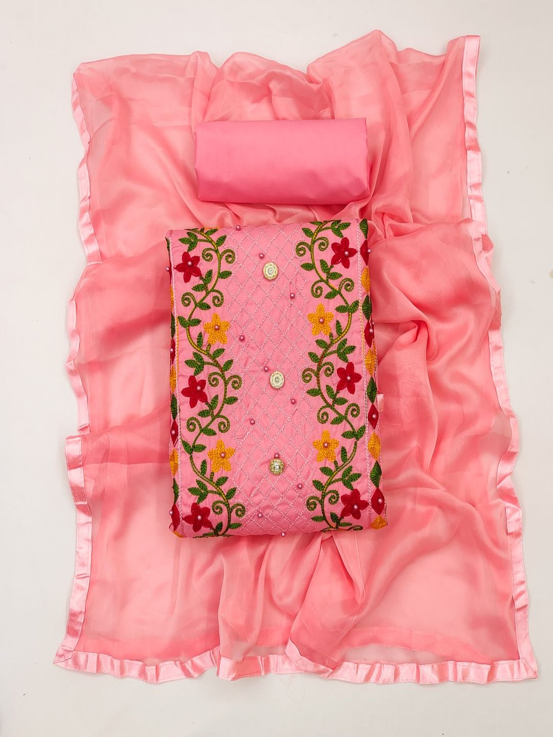 

TRYSTON Floral Embroidered Beads And Stones Unstitched Dress Material, Pink