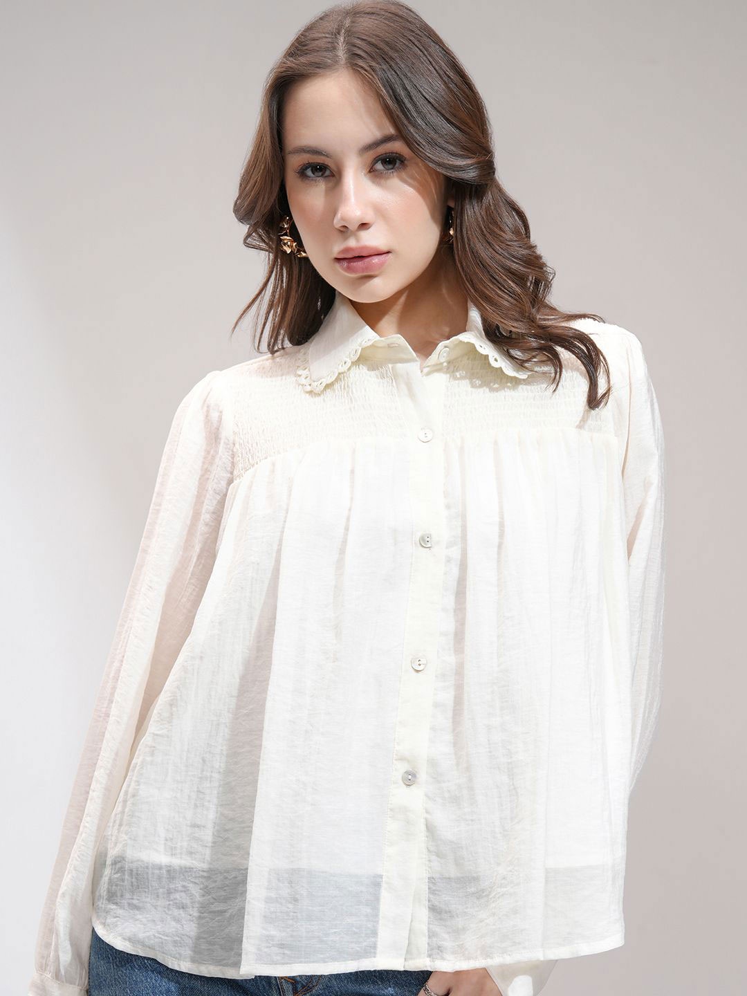 

Tokyo Talkies Women Solid Smocked Shirt Top, Off white