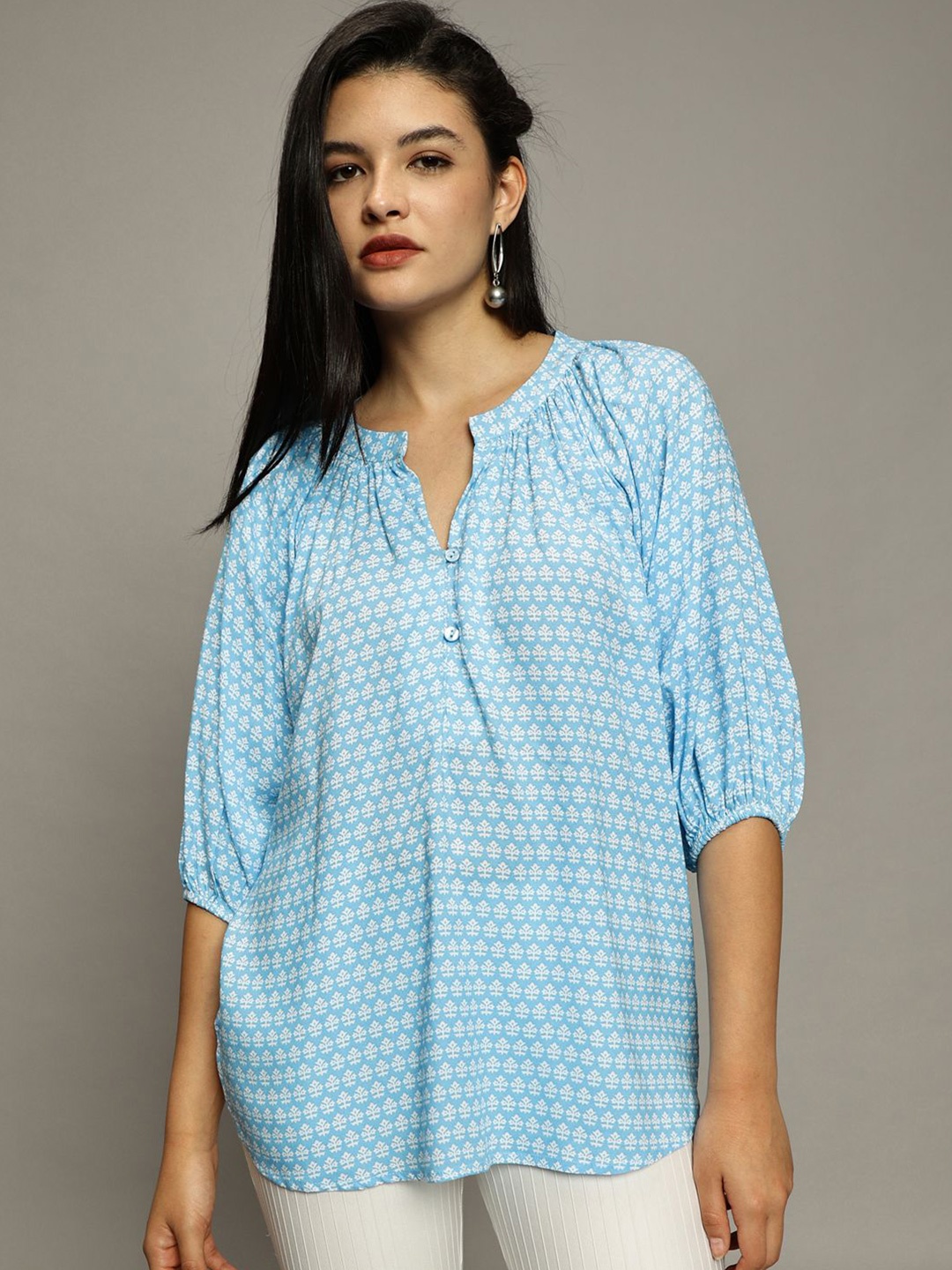 

The Roadster Lifestyle Co. Women Printed Three Quarter Sleeves Casual Top, Blue