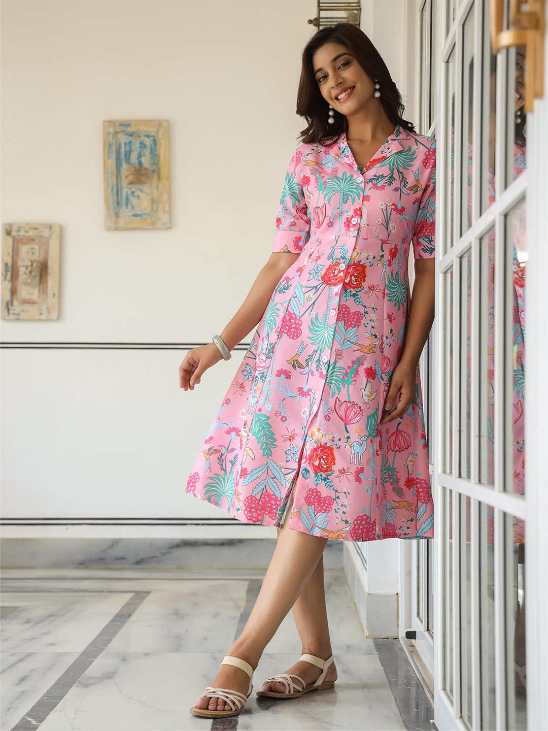 

Mast & Harbour Floral Printed A-Line Dress, Pink