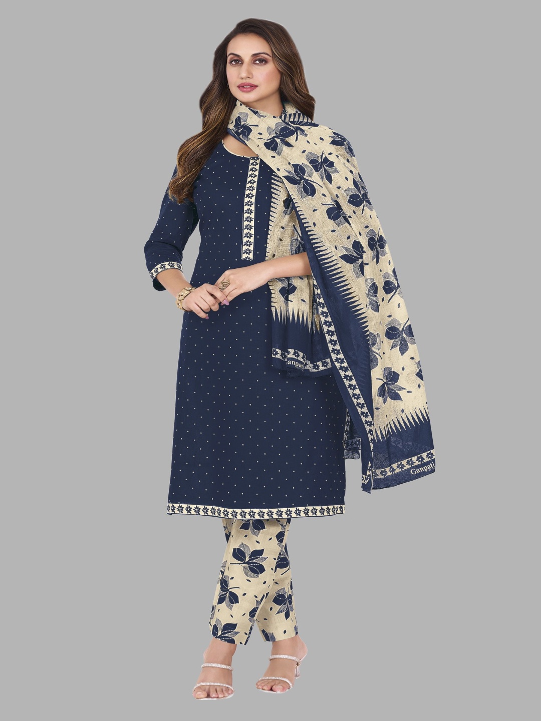 

shree jeenmata collection Women Printed Regular Pure Cotton Kurta with Churidar & With Dupatta, Blue