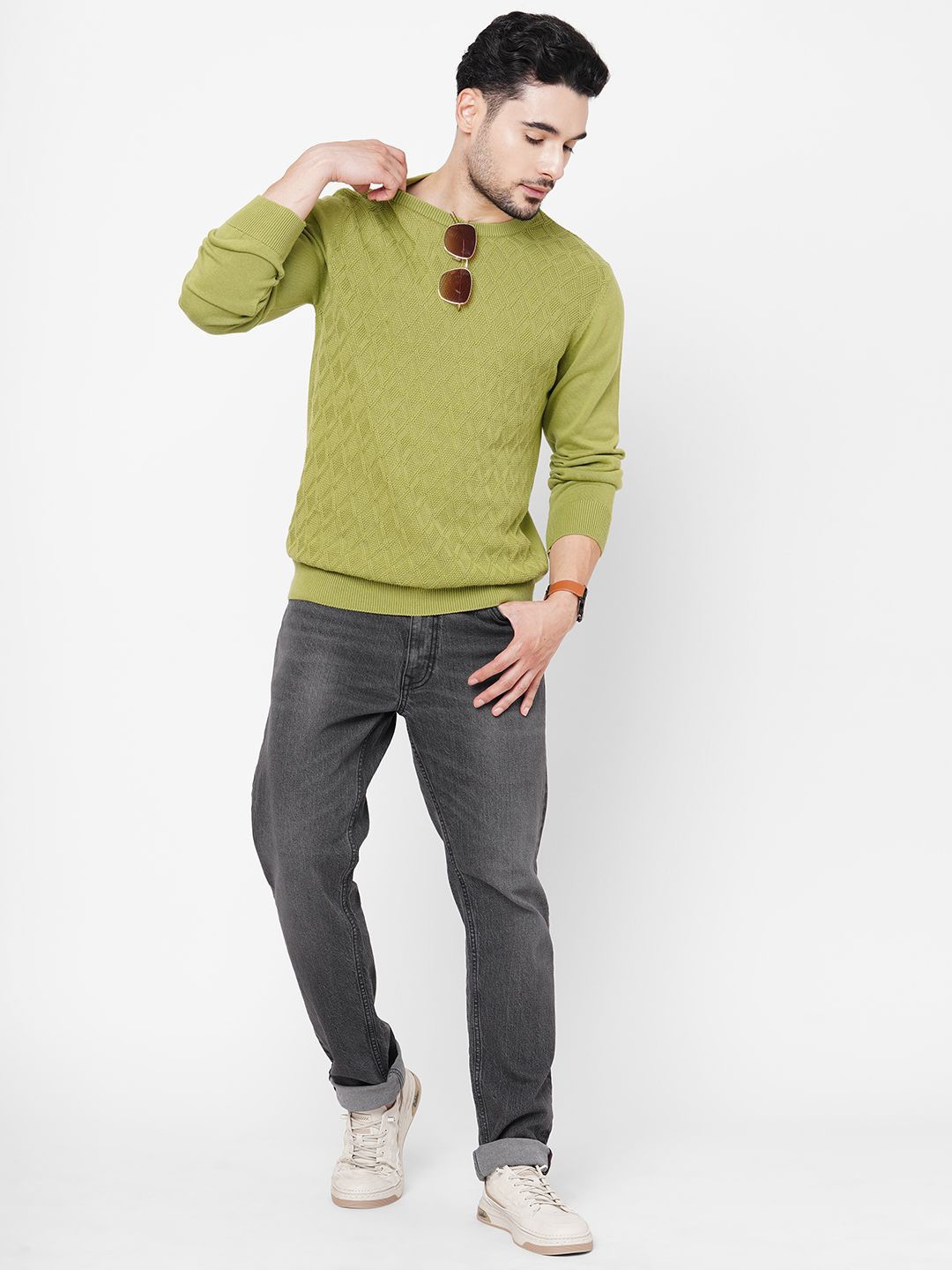 

Loopers Men Self Design Cotton Sweatshirt, Green