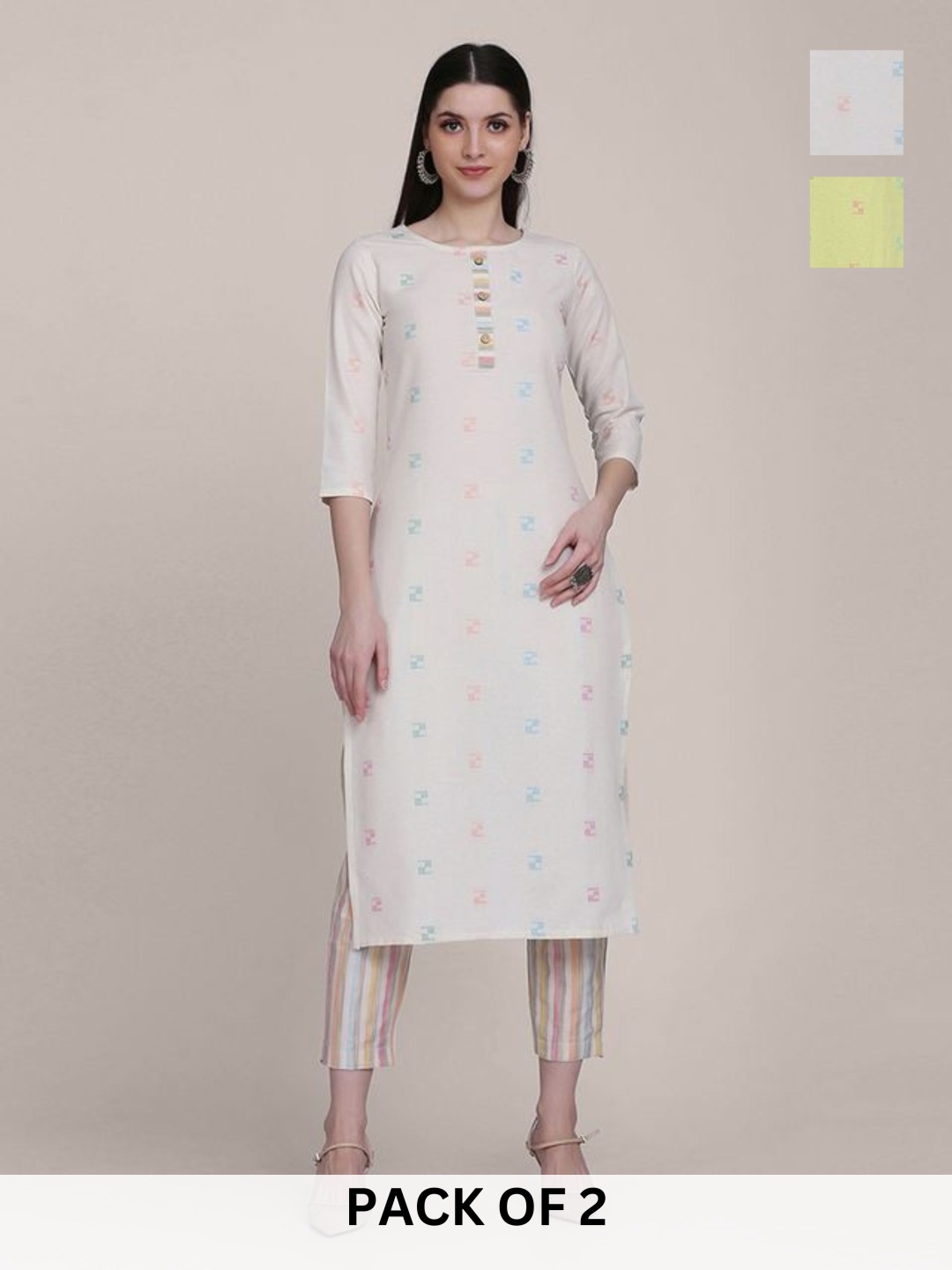 

KALINI Selection Of 2 Geometric Printed Round Neck Straight Kurtas With Trousers, White