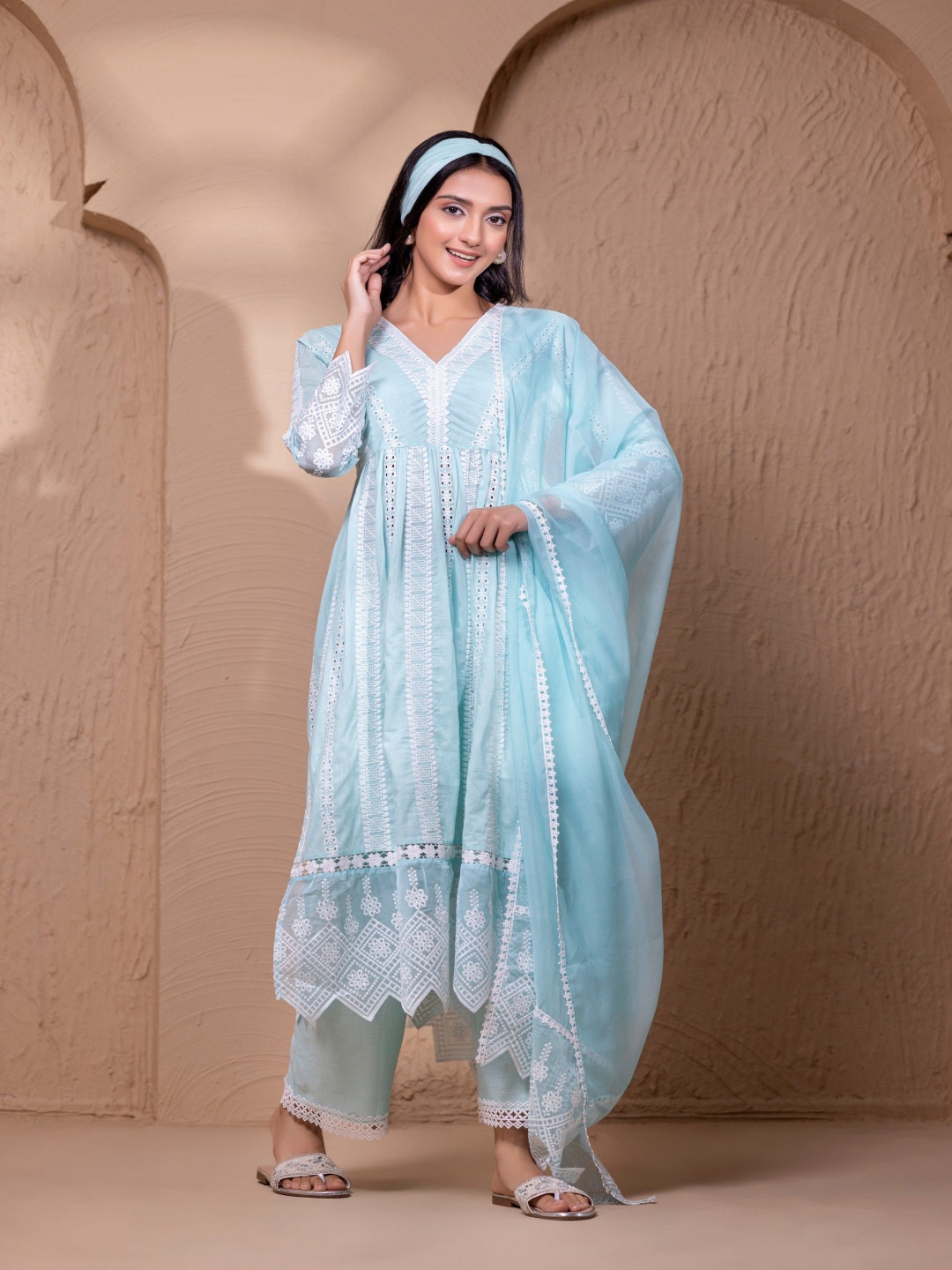 

SEW Floral Embroidered schiffli Pure Cotton A Line Kurta With Palazzos & Dupatta, Blue