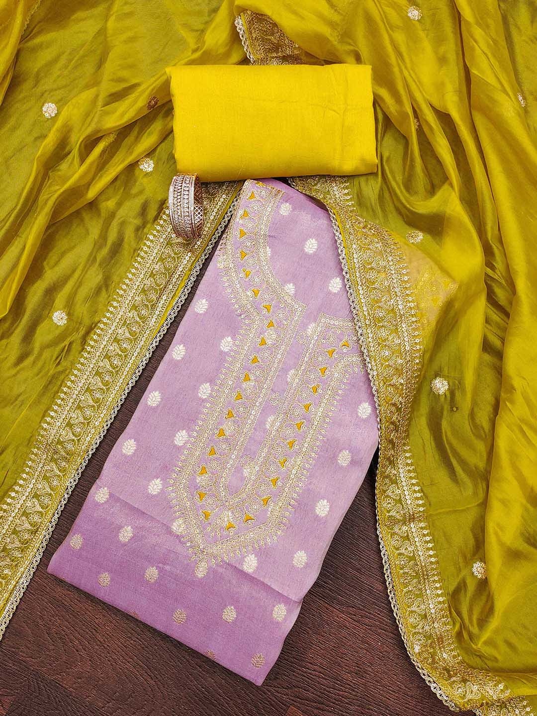 

HERE&NOW Floral Woven Design Thread Work Unstitched Dress Material, Lavender