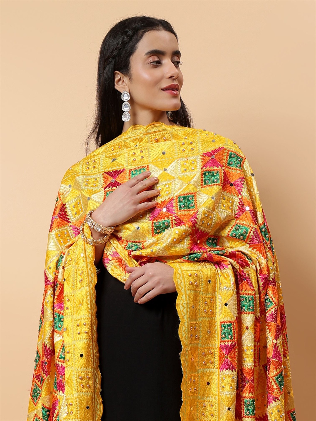 

Moda Chales Ethnic Motifs Embroidered Mirror Work Phulkari Dupatta, Yellow