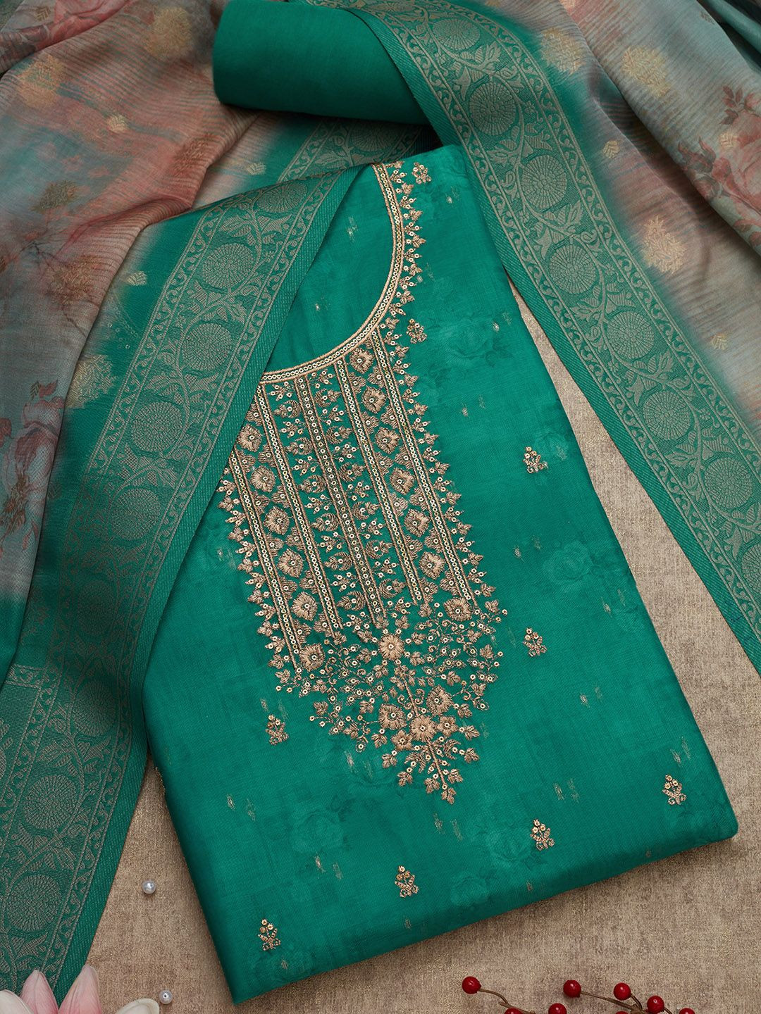 

Soch Floral Embroidered Sequinned Unstitched Dress Material, Teal