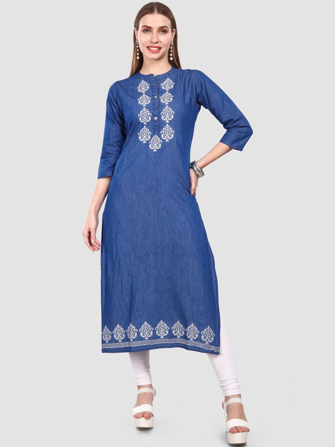 

SK Creation Women Floral Embroidered Denim Straight Kurta, Blue